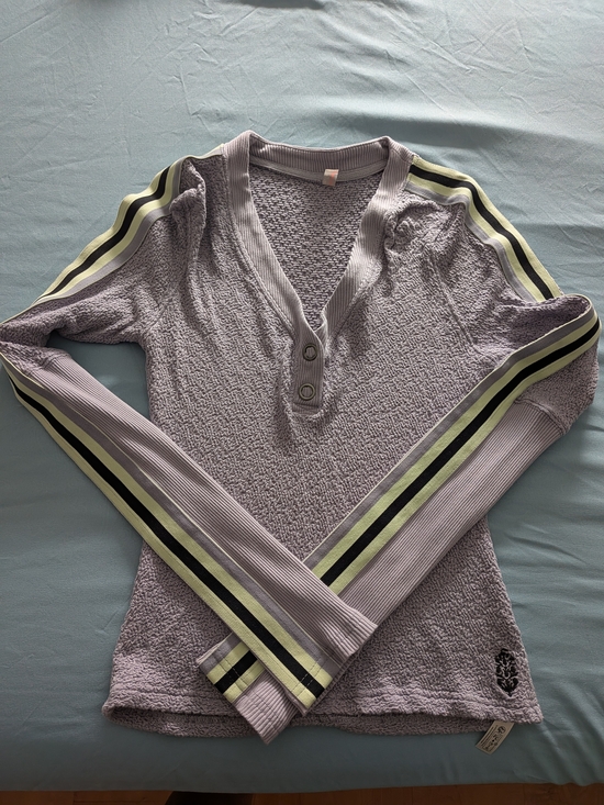 FP Movement by Free People Tops - FP Movement Lavender Henley with Black and Pale Yellow Stripes, like new .